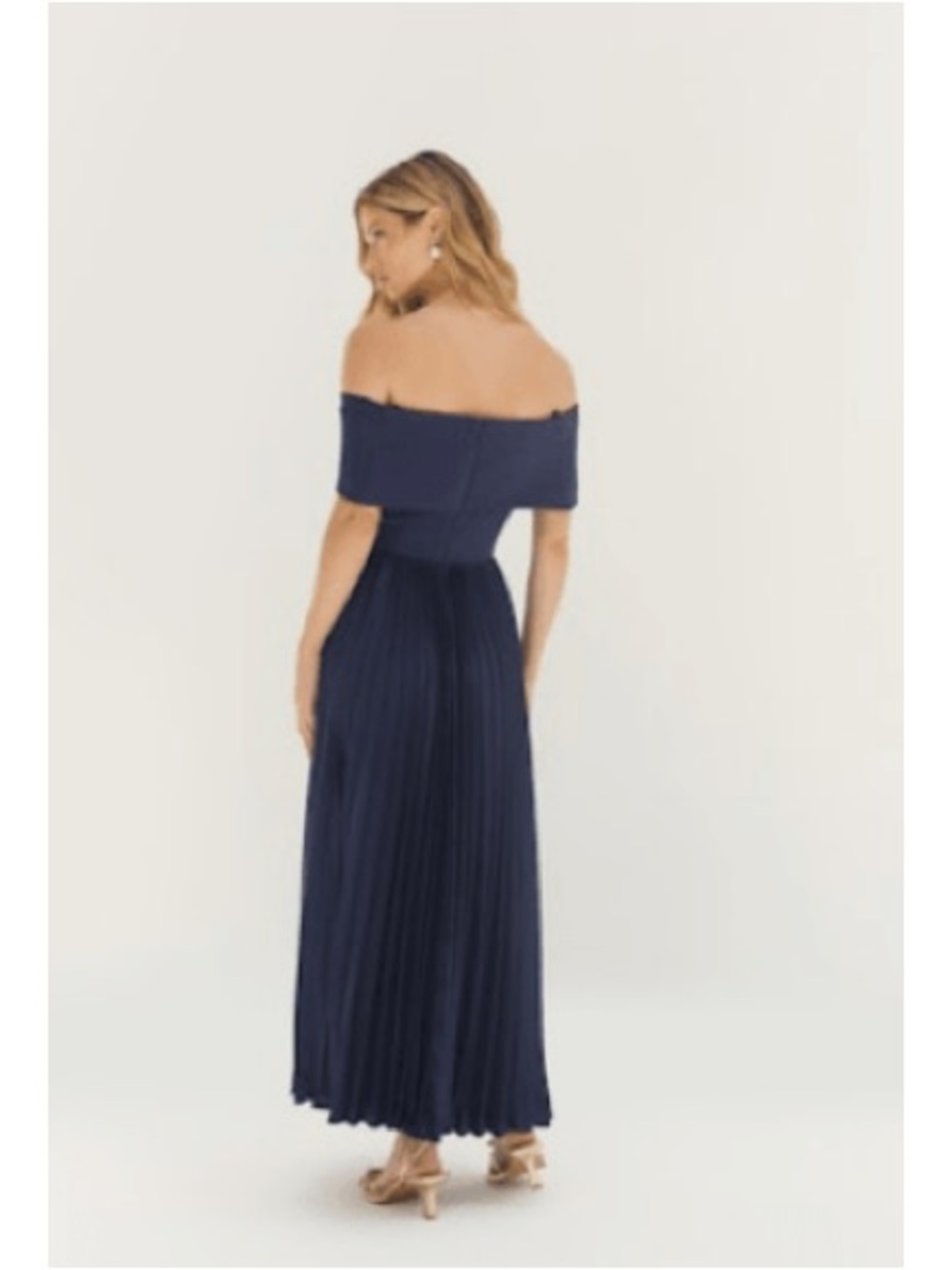 Hutch Off-Shoulder Pleated Midi Dress in Navy - Picture 4 of 6